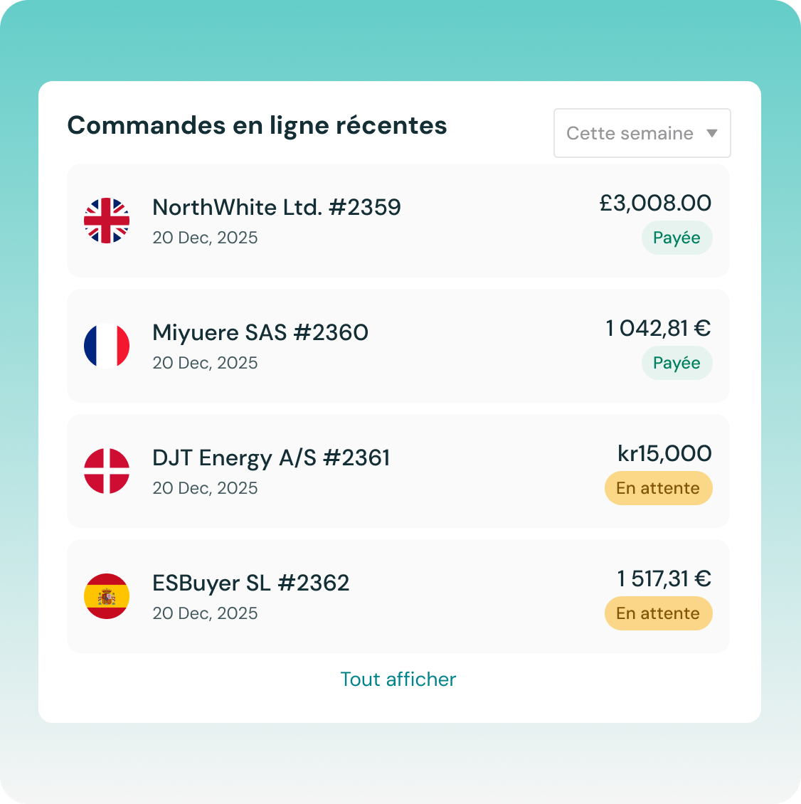 An online portal showing transactions in different currencies
