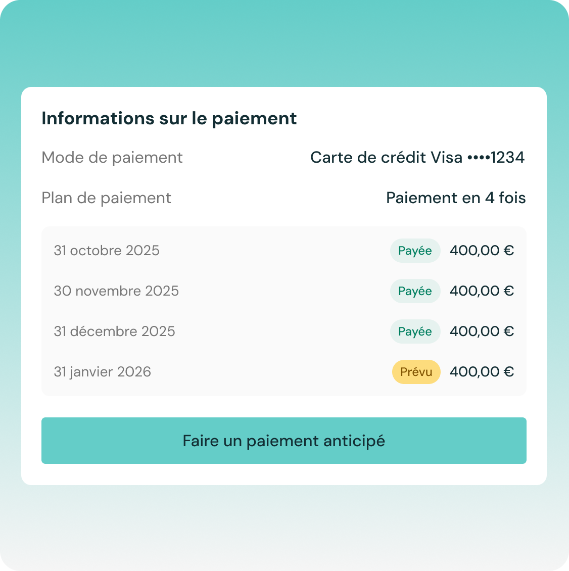 Page du portail de l'acheteur indiquant les paiements échelonnés payés et prévus, ainsi que l'option de payer de manière anticipée.