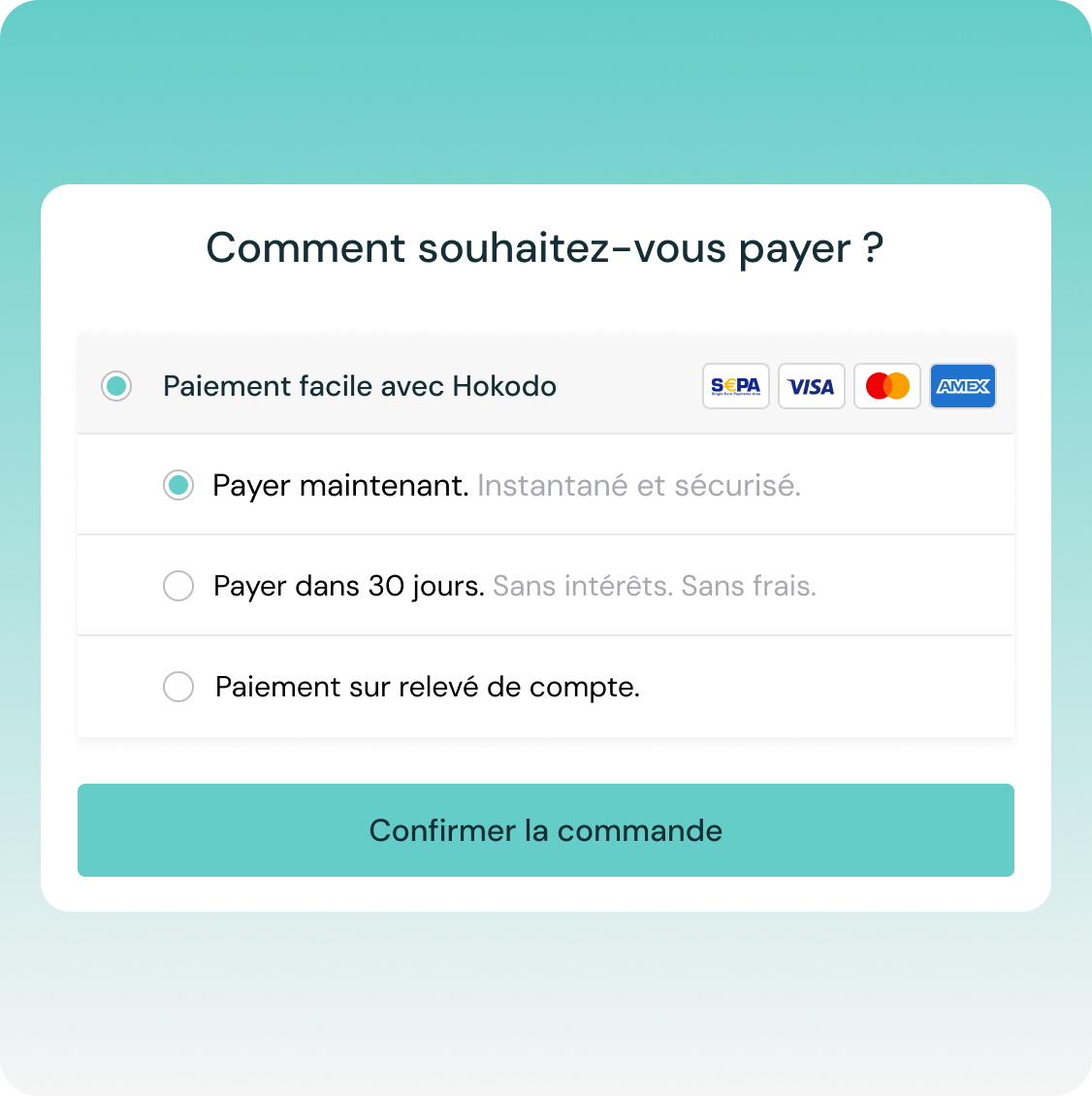 Graphique montrant les conditions de paiement disponibles pour un acheteur B2B. L'option "payer maintenant" est sélectionnée.