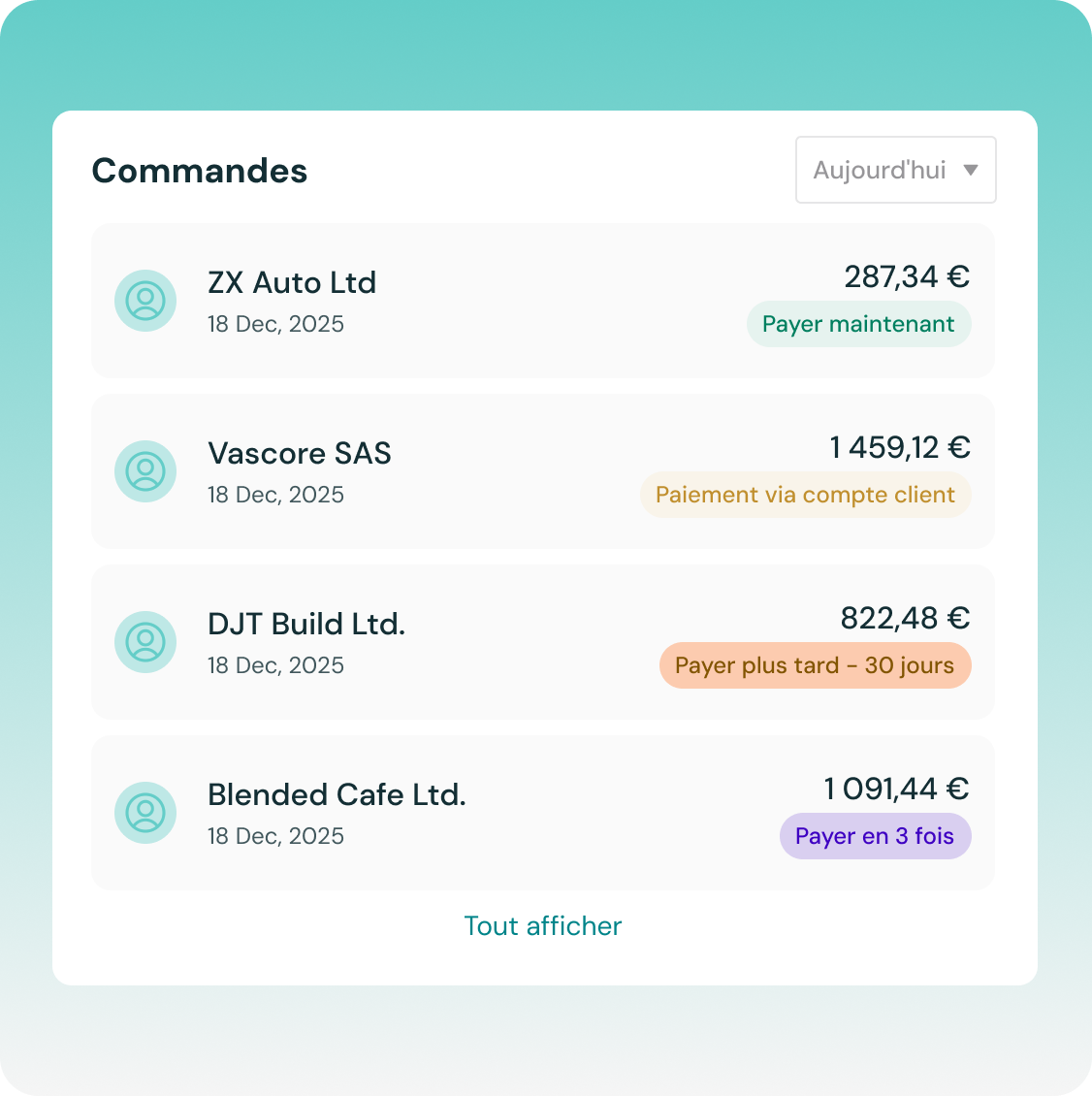 Récapitulatif des commandes indiquant les commandes récentes et leur échéancier de paiement : paiement immédiat, comptes clients, 30 jours ou paiements échelonnés.