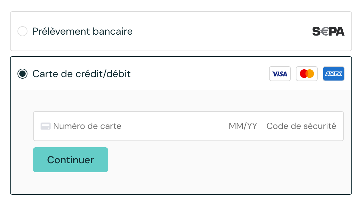 Page de paiement d'un e-commerce B2B montrant les différentes méthodes de règlement proposées à l'acheteur : prélèvement SEPA et carte bancaire.