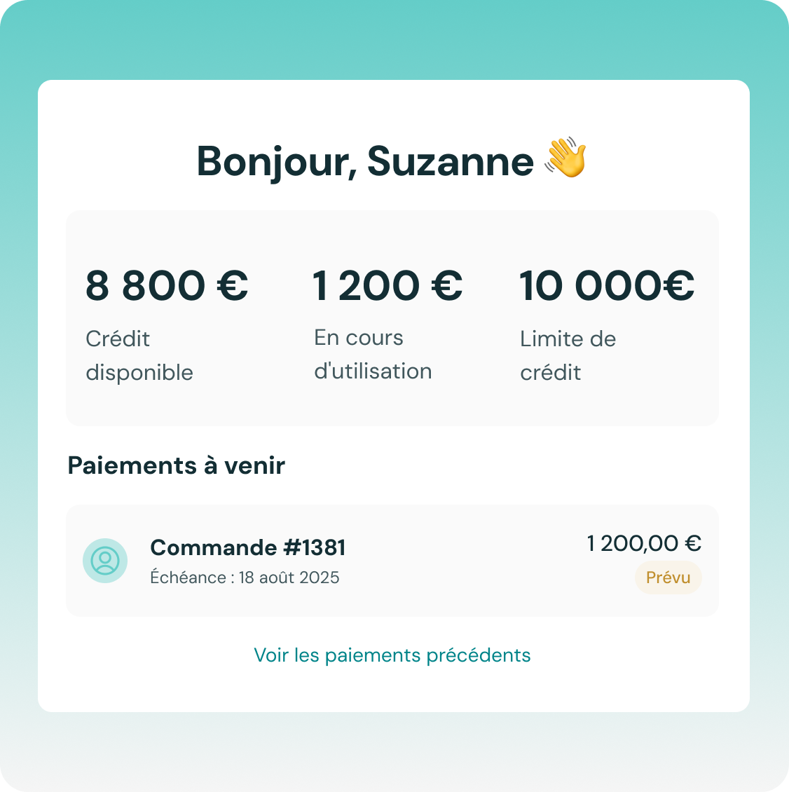 Maquette du portail acheteur, montrant la limite de crédit, l’encours disponible et le crédit utilisé, ainsi qu'un rappel concernant un paiement à venir.