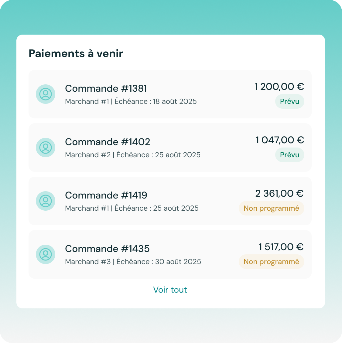 Vue d'ensemble des paiements à venir d'un acheteur pour différents achats et marchands, y compris une indication du caractère programmé ou non du paiement.