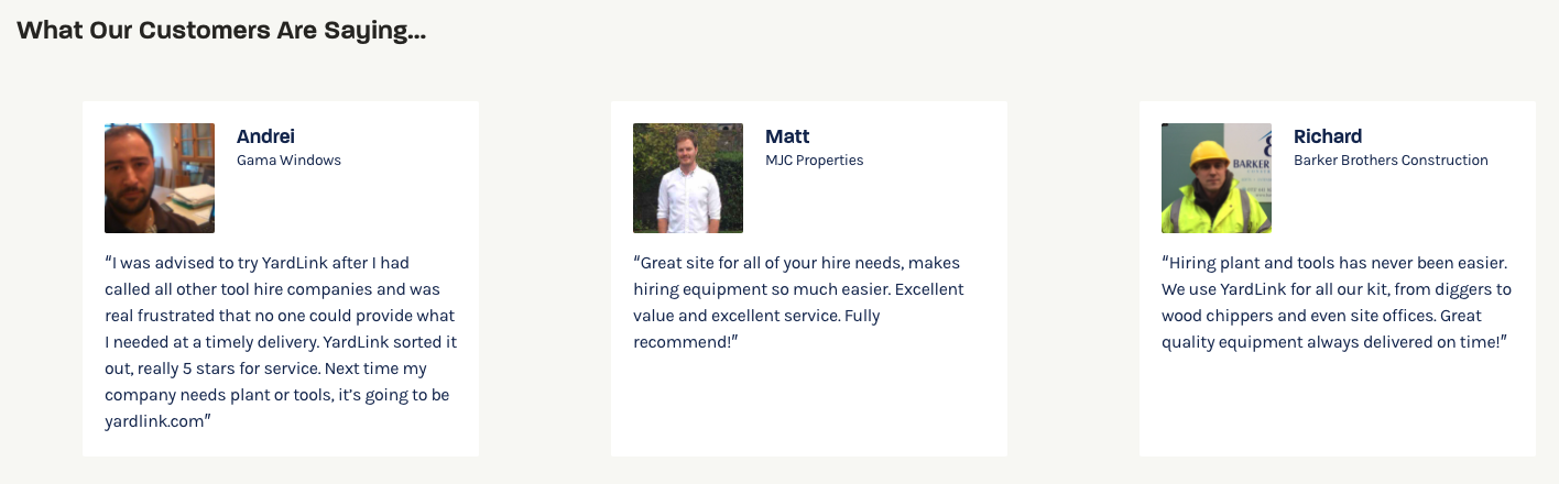 Screenshot from YardLink displaying testimonials on home page.