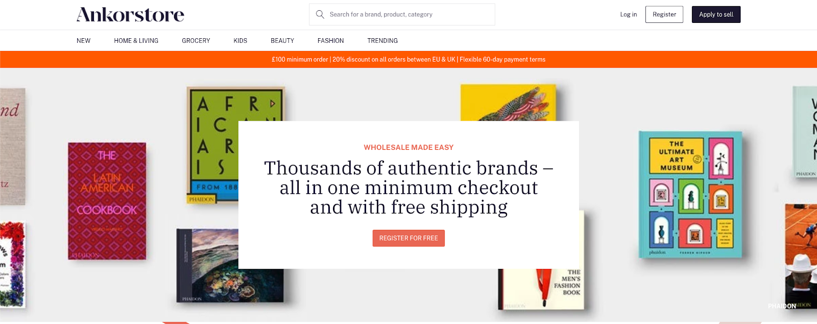 Screenshot of Ankorstore's home page with 'register for free' CTA.