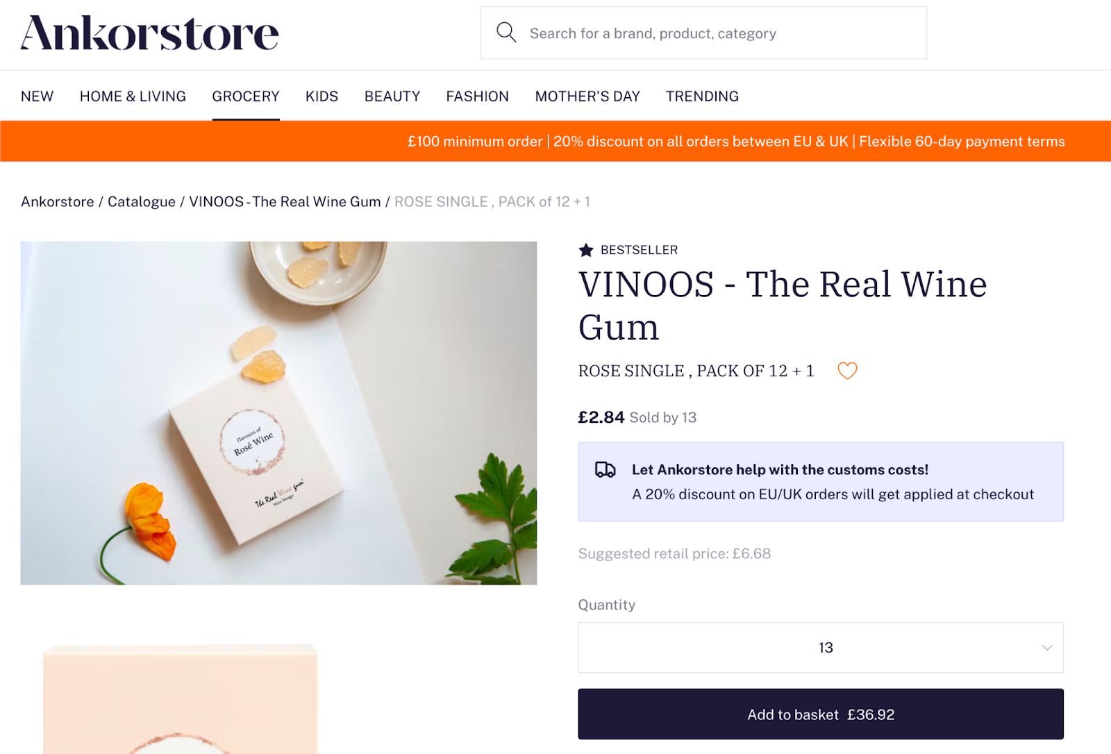 Screenshot of an Ankorstore product page with 'add to basket' CTA.