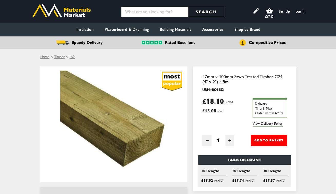 Screenshot of a materials market product page for sawn treated timber, displaying the soonest available delivery date.